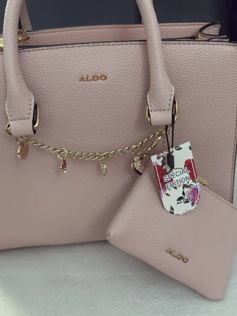 ALDO Pink Structured Satchel with Gold Charm and Pouch